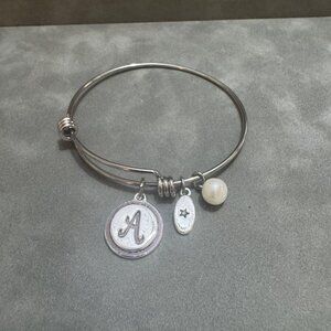 Silver Tone Initial A Charm Bracelet Adjustable Bangle With Pearl & Star Accents